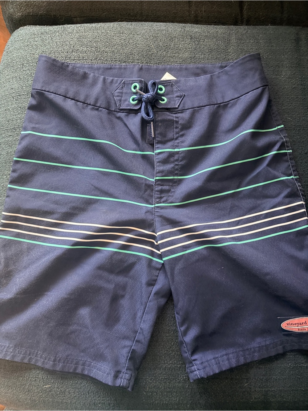 Vineyard Vines Navy Swim Trunks with Teal and White Stripes